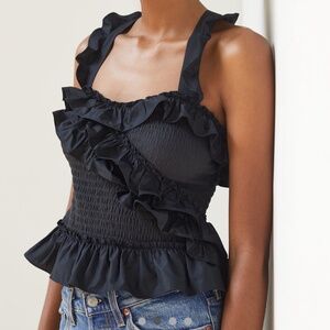 Maeve From Anthropologie Black Smocked Ruffle Tank Sz L